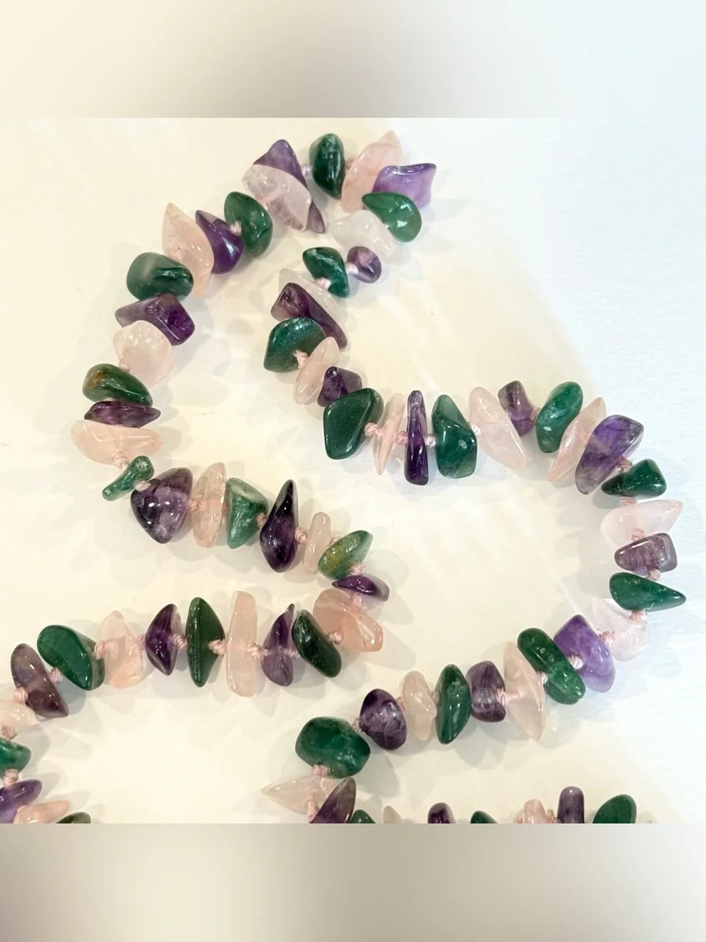 Jade Amethyst Rose Quartz Hand Knotted Necklace Vintage Estate Stone Purple Pink